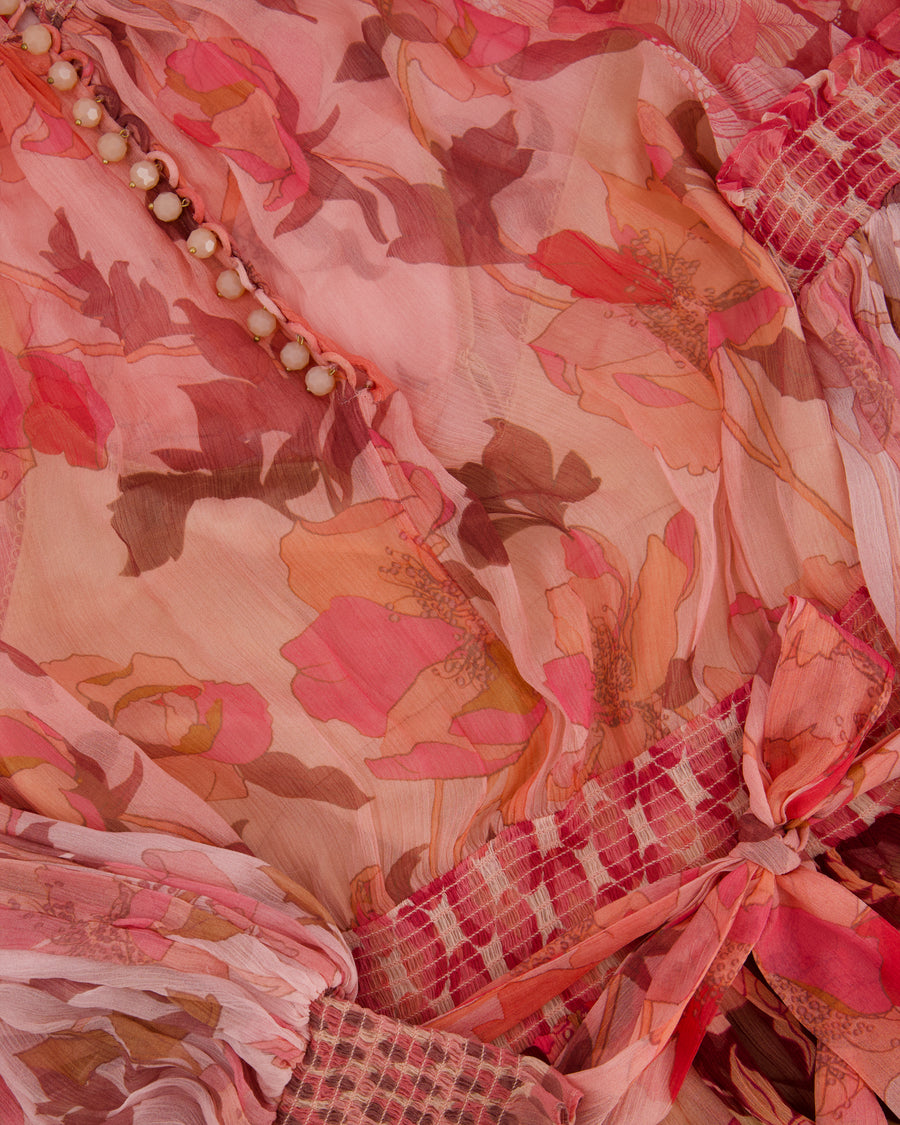 Zimmerman Pink Mixed Floral Printed Concert Spliced Lantern Mini Dress with Tie Belt Size 3 (UK 14)