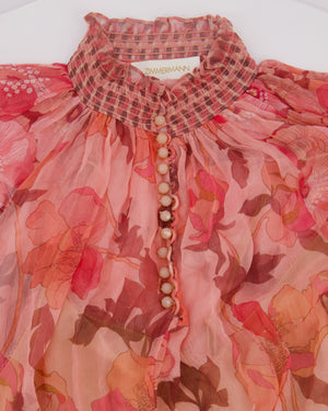 Zimmerman Pink Mixed Floral Printed Concert Spliced Lantern Mini Dress with Tie Belt Size 3 (UK 14)