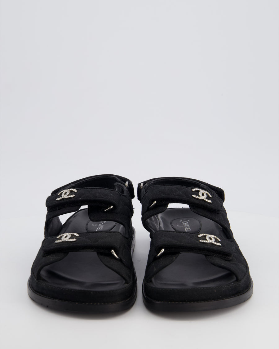 Chanel Black Quilted Dad Sandals with Silver Crystal CC Logo Details Size 41.5