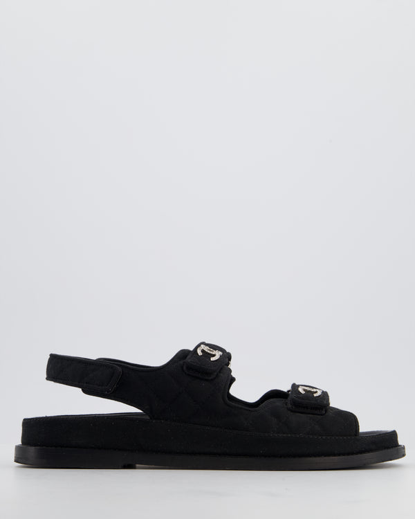 Chanel Black Quilted Dad Sandals with Silver Crystal CC Logo Details Size 41.5