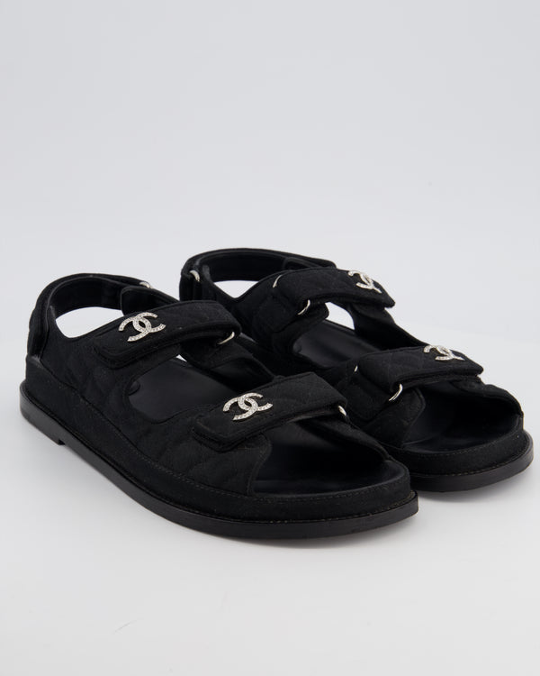 Chanel Black Quilted Dad Sandals with Silver Crystal CC Logo Details Size 41.5