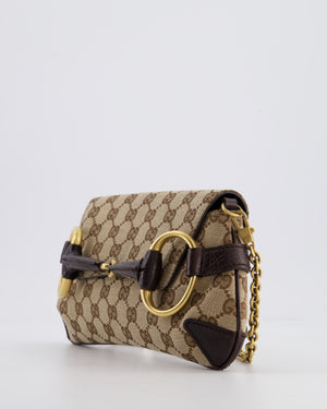 Gucci Brown and Beige Vintage Horsebit 1995 Shoulder Bag in GG Monogram Canvas and Brushed Gold Hardware
