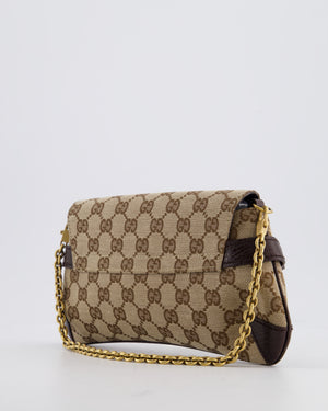 Gucci Brown and Beige Vintage Horsebit 1995 Shoulder Bag in GG Monogram Canvas and Brushed Gold Hardware