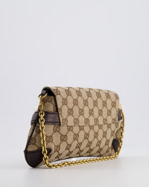 Gucci Brown and Beige Vintage Horsebit 1995 Shoulder Bag in GG Monogram Canvas and Brushed Gold Hardware
