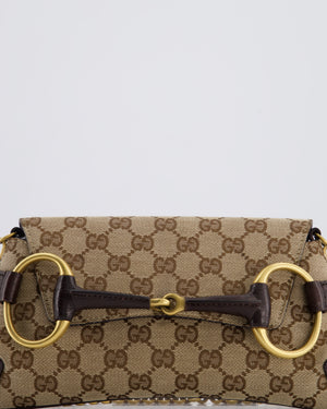 Gucci Brown and Beige Vintage Horsebit 1995 Shoulder Bag in GG Monogram Canvas and Brushed Gold Hardware