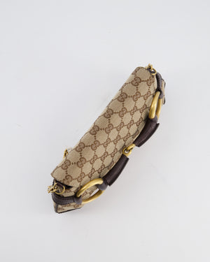 Gucci Brown and Beige Vintage Horsebit 1995 Shoulder Bag in GG Monogram Canvas and Brushed Gold Hardware