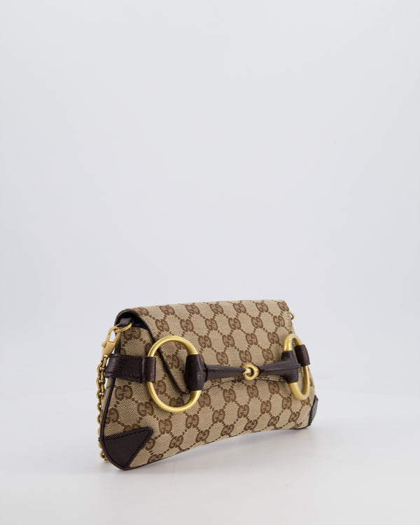 Gucci Brown and Beige Vintage Horsebit 1995 Shoulder Bag in GG Monogram Canvas and Brushed Gold Hardware