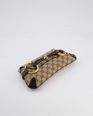 Gucci Brown and Beige Vintage Horsebit 1995 Shoulder Bag in GG Monogram Canvas and Brushed Gold Hardware