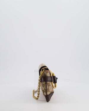 Gucci Brown and Beige Vintage Horsebit 1995 Shoulder Bag in GG Monogram Canvas and Brushed Gold Hardware
