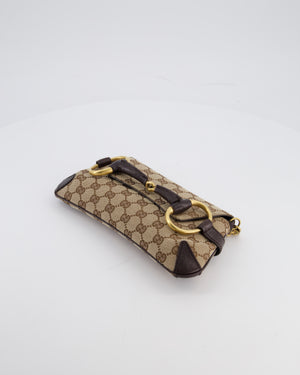 Gucci Brown and Beige Vintage Horsebit 1995 Shoulder Bag in GG Monogram Canvas and Brushed Gold Hardware