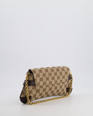 Gucci Brown and Beige Vintage Horsebit 1995 Shoulder Bag in GG Monogram Canvas and Brushed Gold Hardware