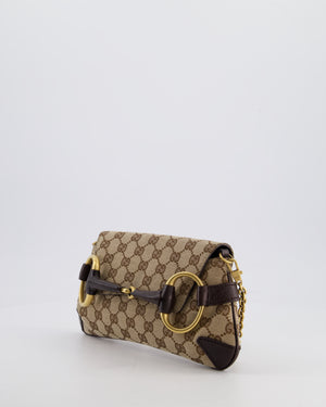 Gucci Brown and Beige Vintage Horsebit 1995 Shoulder Bag in GG Monogram Canvas and Brushed Gold Hardware