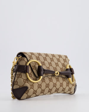Gucci Brown and Beige Vintage Horsebit 1995 Shoulder Bag in GG Monogram Canvas and Brushed Gold Hardware