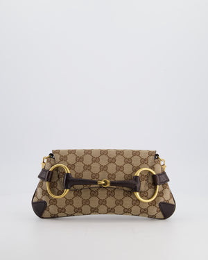 Gucci Brown and Beige Vintage Horsebit 1995 Shoulder Bag in GG Monogram Canvas and Brushed Gold Hardware