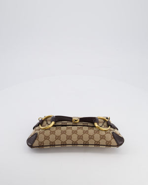 Gucci Brown and Beige Vintage Horsebit 1995 Shoulder Bag in GG Monogram Canvas and Brushed Gold Hardware