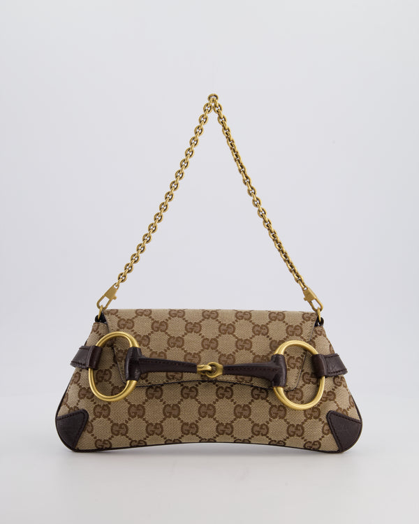 Gucci Brown and Beige Vintage Horsebit 1995 Shoulder Bag in GG Monogram Canvas and Brushed Gold Hardware
