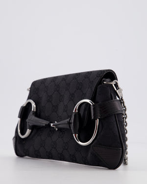 Gucci Black Vintage Horsebit 1995 Shoulder Bag in GG Monogram Canvas and Silver Hardware