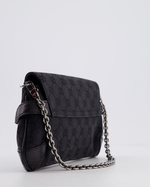 Gucci Black Vintage Horsebit 1995 Shoulder Bag in GG Monogram Canvas and Silver Hardware