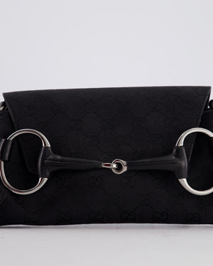 Gucci Black Vintage Horsebit 1995 Shoulder Bag in GG Monogram Canvas and Silver Hardware
