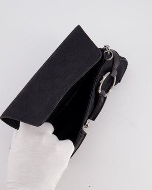 Gucci Black Vintage Horsebit 1995 Shoulder Bag in GG Monogram Canvas and Silver Hardware