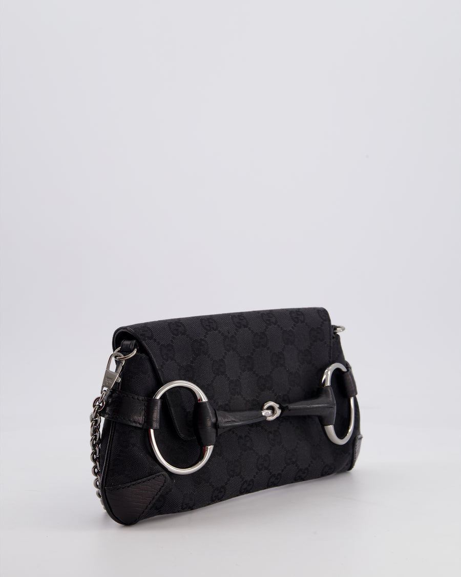 Gucci Black Vintage Horsebit 1995 Shoulder Bag in GG Monogram Canvas and Silver Hardware