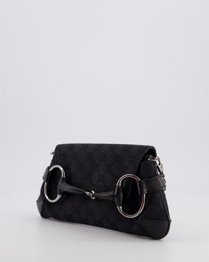 Gucci Black Vintage Horsebit 1995 Shoulder Bag in GG Monogram Canvas and Silver Hardware