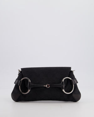 Gucci Black Vintage Horsebit 1995 Shoulder Bag in GG Monogram Canvas and Silver Hardware
