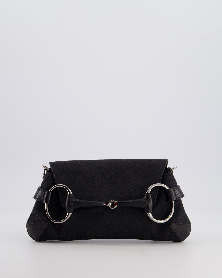 Gucci Black Vintage Horsebit 1995 Shoulder Bag in GG Monogram Canvas and Silver Hardware