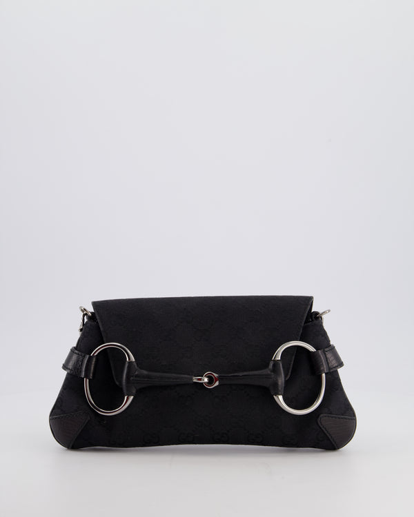 Gucci Black Vintage Horsebit 1995 Shoulder Bag in GG Monogram Canvas and Silver Hardware
