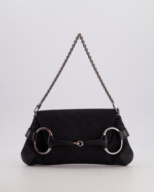 Gucci Black Vintage Horsebit 1995 Shoulder Bag in GG Monogram Canvas and Silver Hardware