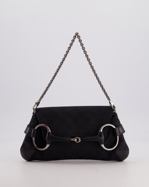 Gucci Black Vintage Horsebit 1995 Shoulder Bag in GG Monogram Canvas and Silver Hardware