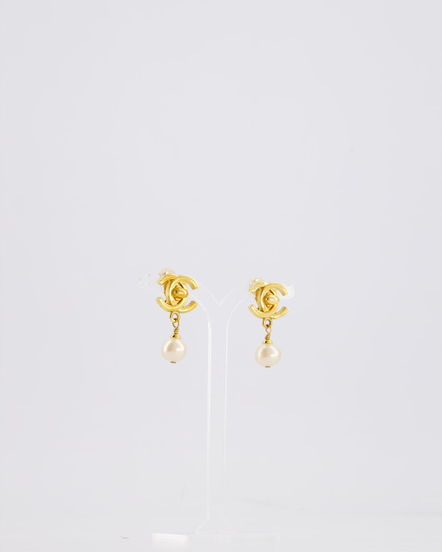 Chanel 96P Vintage Gold Turn Lock CC and Pearl Clip-On Earrings