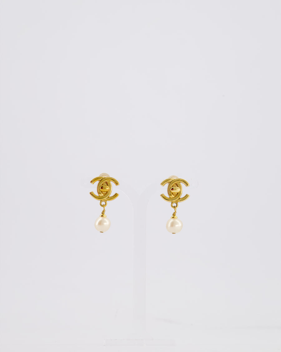Chanel 96P Vintage Gold Turn Lock CC and Pearl Clip-On Earrings