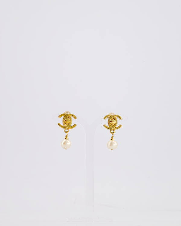 Chanel 96P Vintage Gold Turn Lock CC and Pearl Clip-On Earrings
