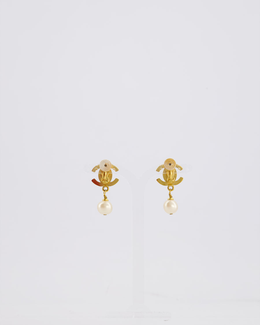 Chanel 96P Vintage Gold Turn Lock CC and Pearl Clip-On Earrings