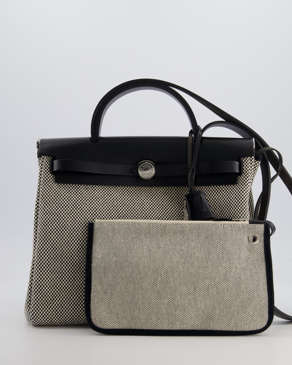 *FIRE PRICE* Hermès Herbag 31 Zip Bag in Ecru Toile Quadrille Viking Canvas, Noir Vache Swift Leather with Palladium Hardware