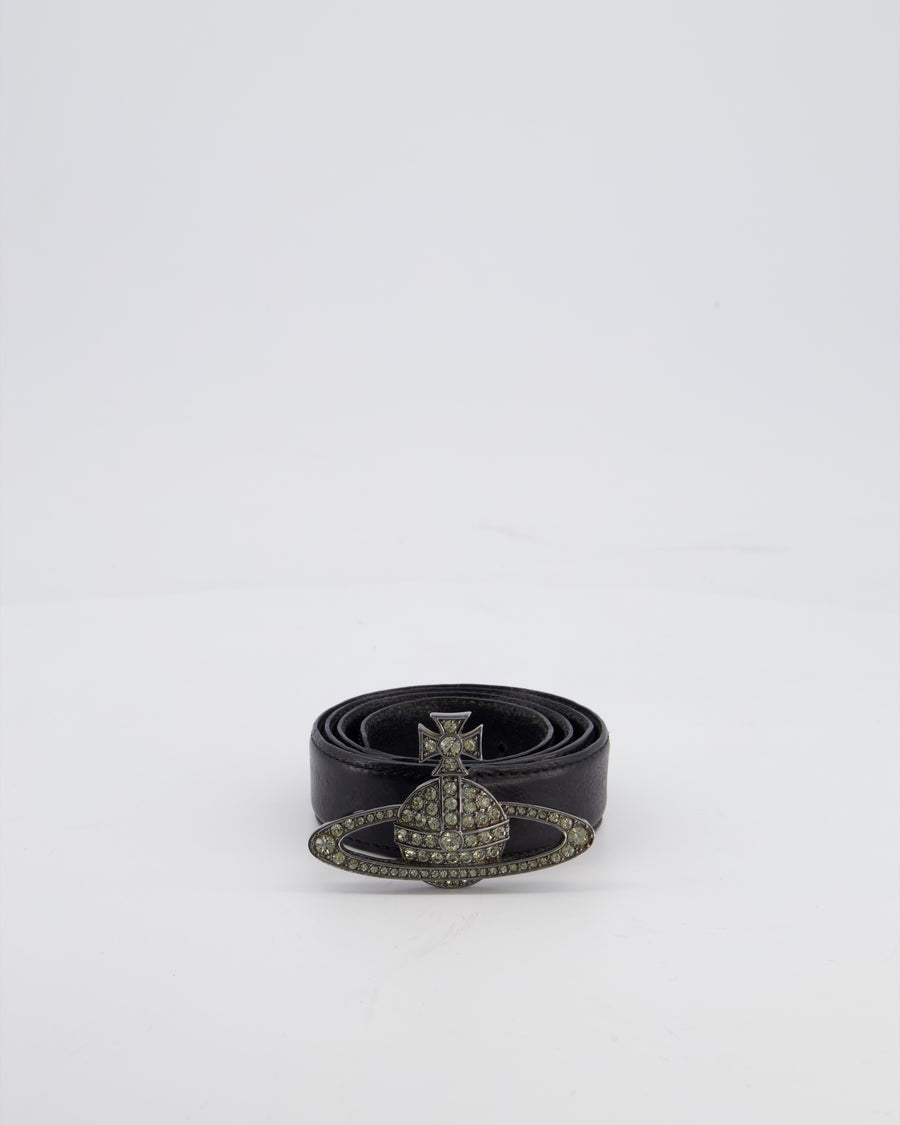 Vivienne Westwood Black Belt with Gunmetal Crystal Orb Logo Buckle Detail