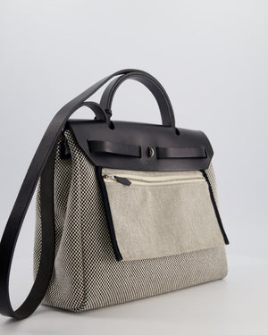 *FIRE PRICE* Hermès Herbag 31 Zip Bag in Ecru Toile Quadrille Viking Canvas, Noir Vache Swift Leather with Palladium Hardware