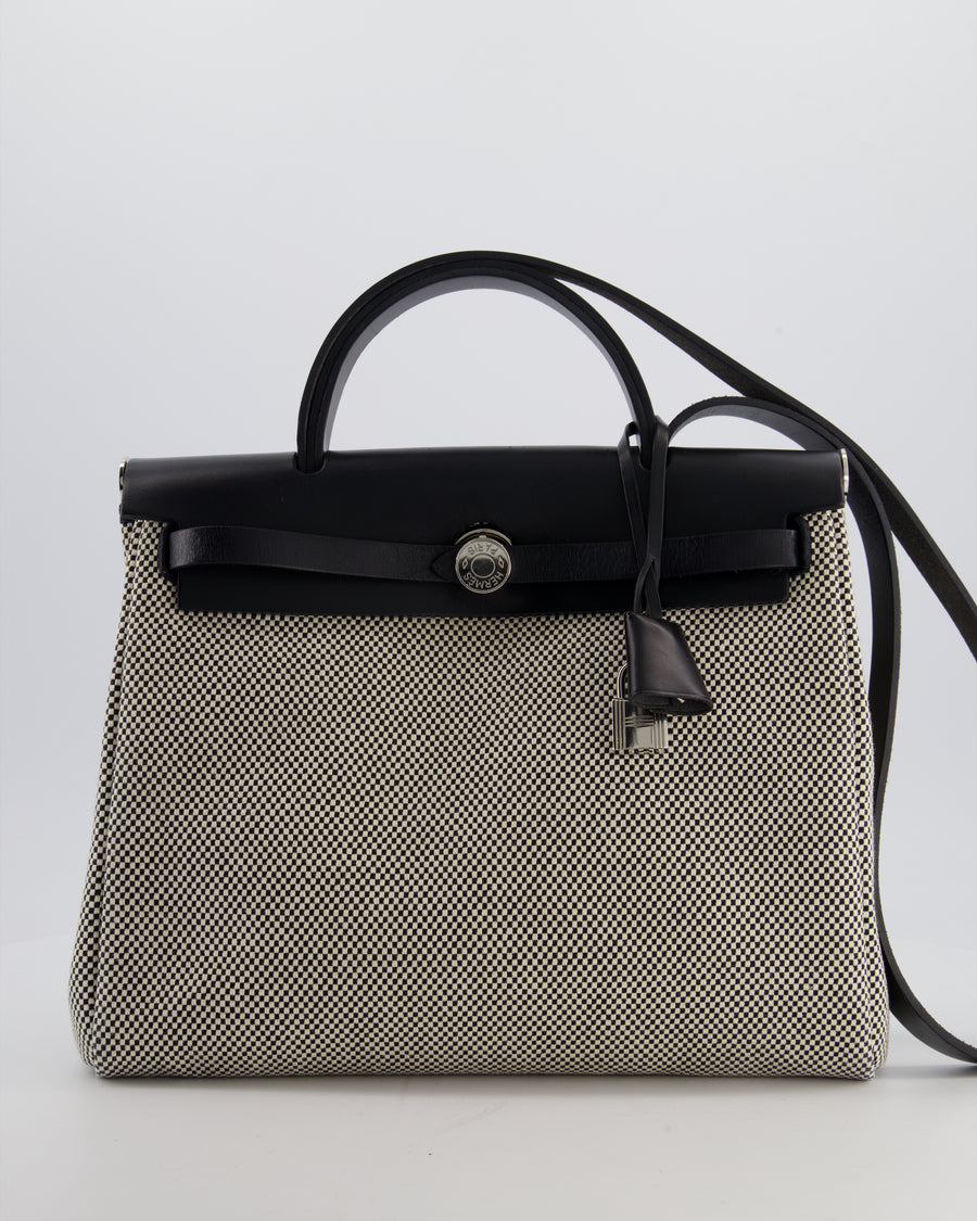*FIRE PRICE* Hermès Herbag 31 Zip Bag in Ecru Toile Quadrille Viking Canvas, Noir Vache Swift Leather with Palladium Hardware