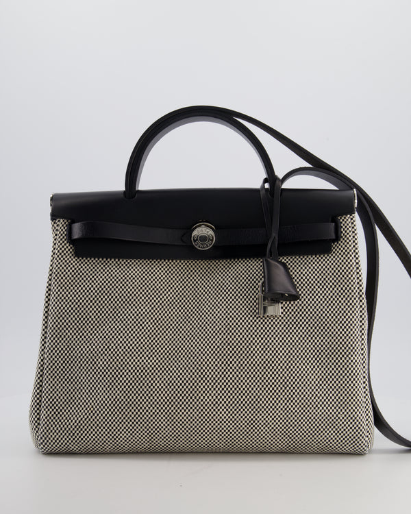 *FIRE PRICE* Hermès Herbag 31 Zip Bag in Ecru Toile Quadrille Viking Canvas, Noir Vache Swift Leather with Palladium Hardware