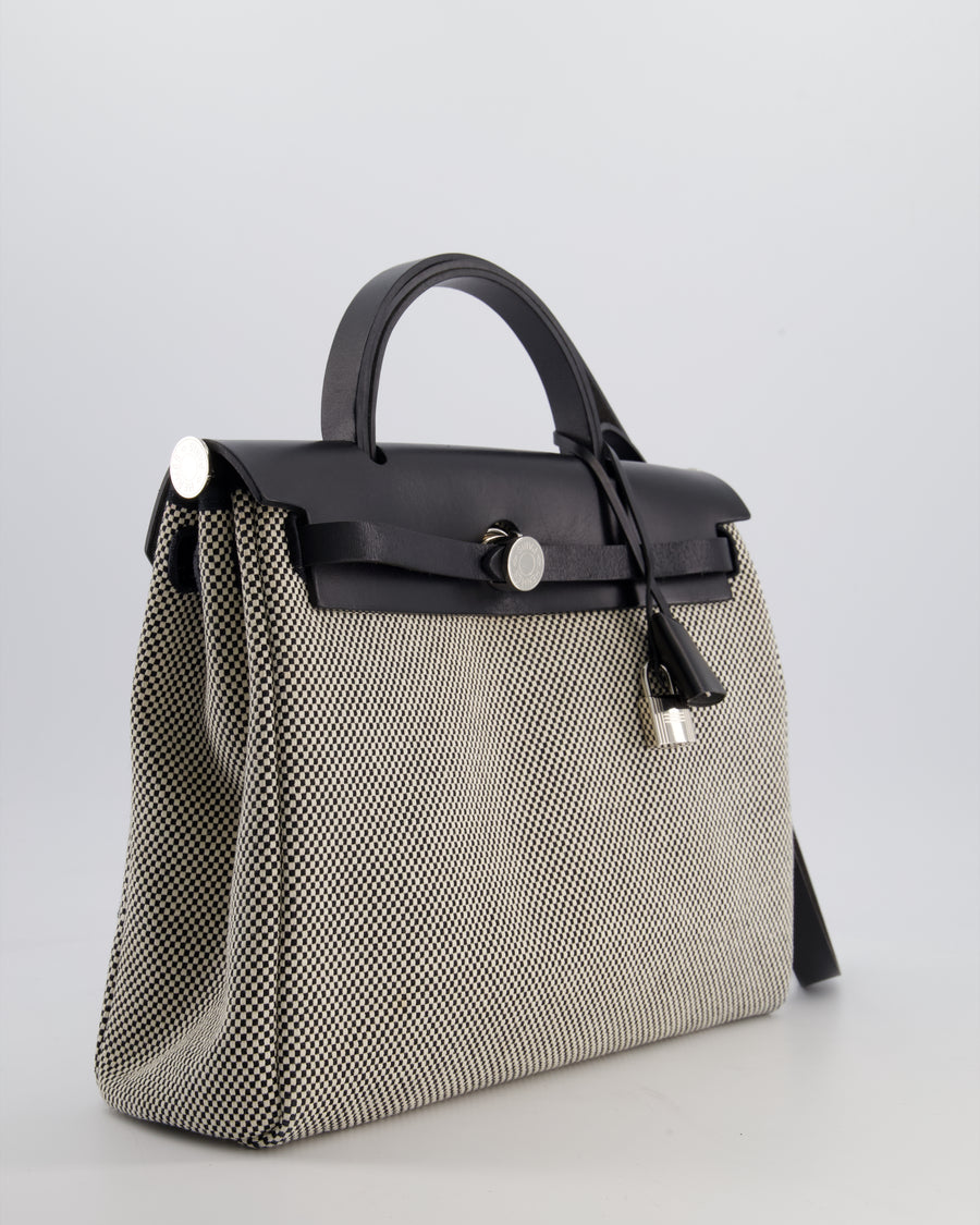 *FIRE PRICE* Hermès Herbag 31 Zip Bag in Ecru Toile Quadrille Viking Canvas, Noir Vache Swift Leather with Palladium Hardware
