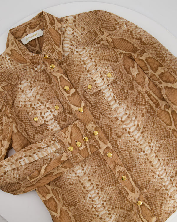 Zimmermann Tan Natura Linen Snake Print Shirt and A-Line Midi Belted Skirt with Pocket Detail Size 1 (UK 10)