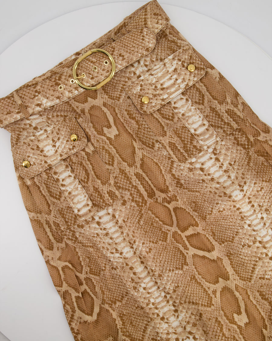 Zimmermann Tan Natura Linen Snake Print Shirt and A-Line Midi Belted Skirt with Pocket Detail Size 1 (UK 10)