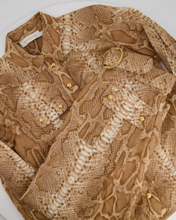 Zimmermann Tan Natura Linen Snake Print Shirt and A-Line Midi Belted Skirt with Pocket Detail Size 1 (UK 10)