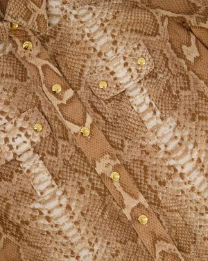 Zimmermann Tan Natura Linen Snake Print Shirt and A-Line Midi Belted Skirt with Pocket Detail Size 1 (UK 10)