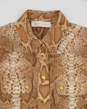 Zimmermann Tan Natura Linen Snake Print Shirt and A-Line Midi Belted Skirt with Pocket Detail Size 1 (UK 10)
