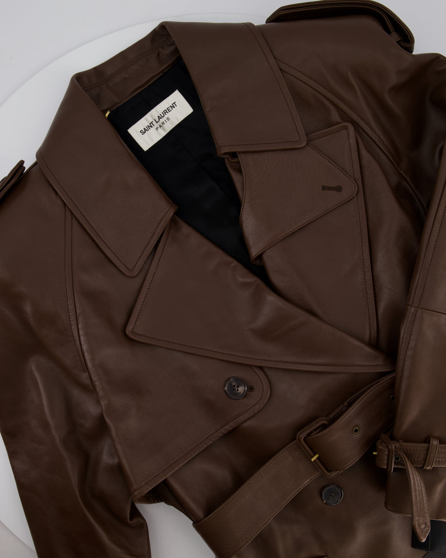 Saint Laurent Chocolate Brown Leather Maxi 'Brun Chene' Belted Trench Coat UK 10