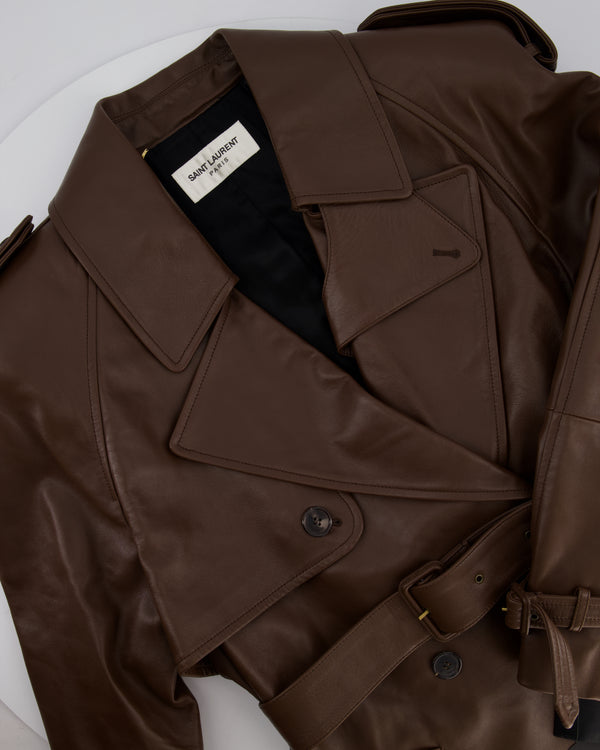 Saint Laurent Chocolate Brown Leather Maxi 'Brun Chene' Belted Trench Coat UK 10