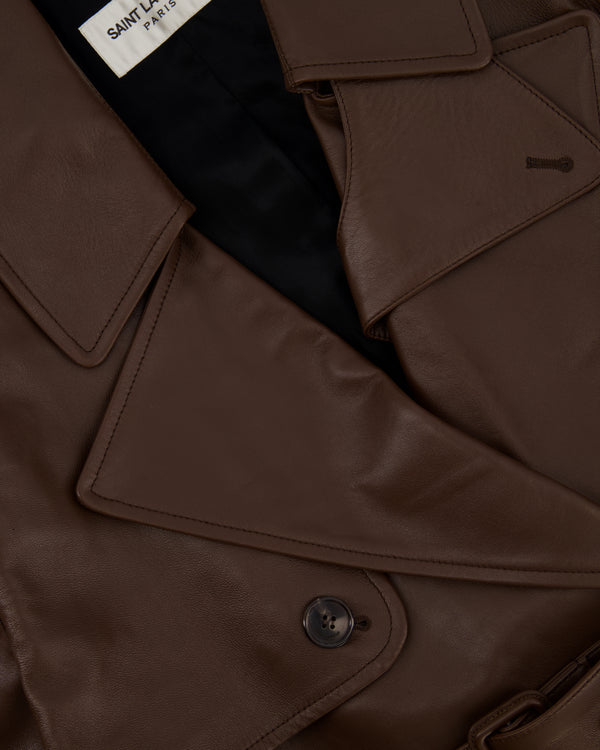 Saint Laurent Chocolate Brown Leather Maxi 'Brun Chene' Belted Trench Coat UK 10