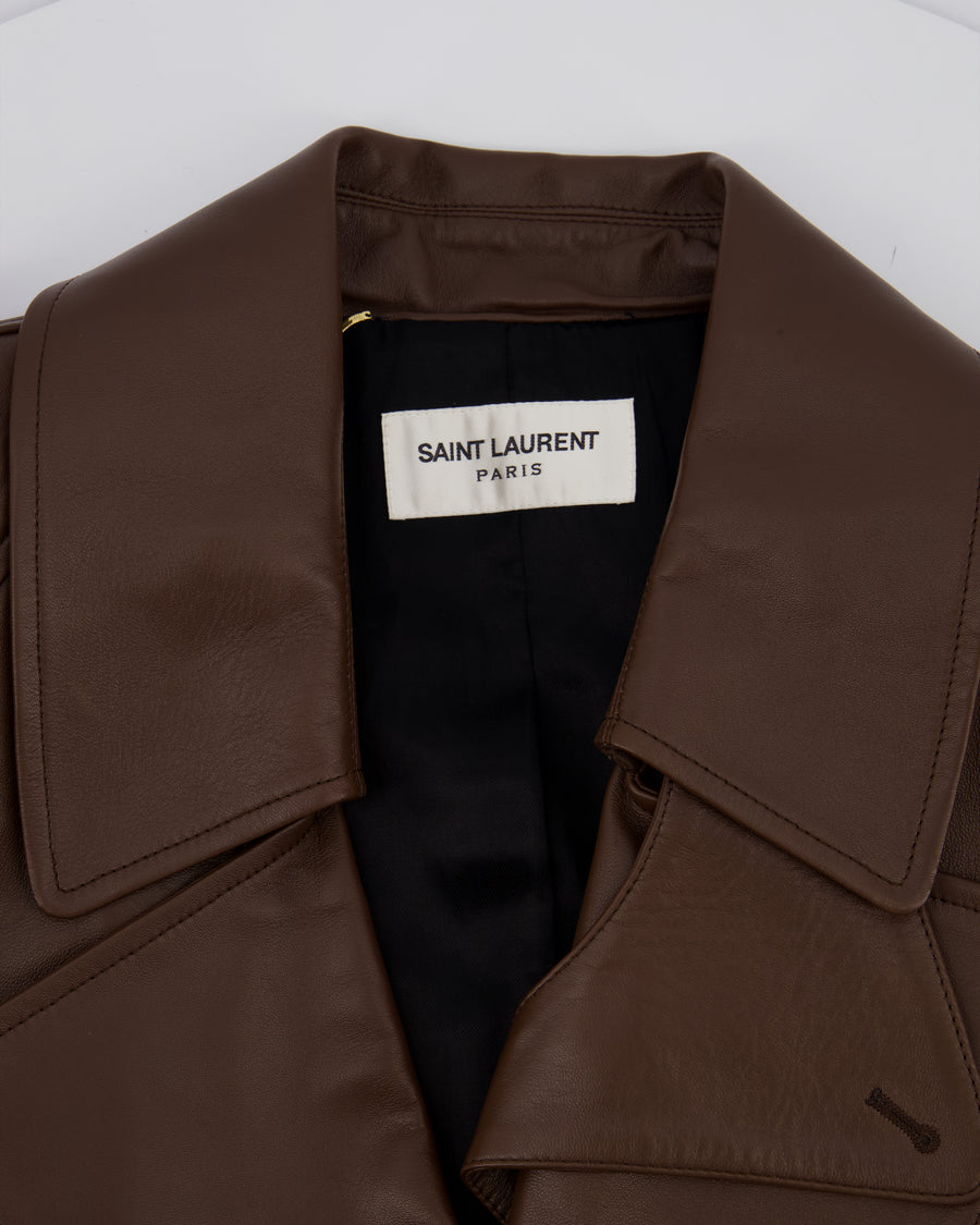 Saint Laurent Chocolate Brown Leather Maxi 'Brun Chene' Belted Trench Coat UK 10